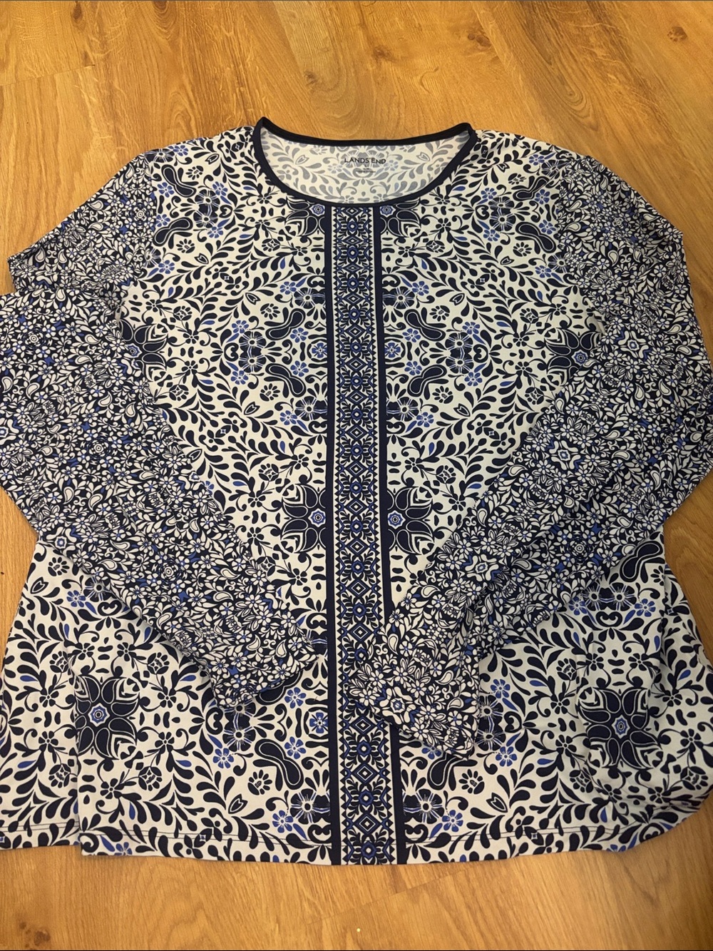 Lands' End Navy and White Floral Border Scoop Neck Rash Guard